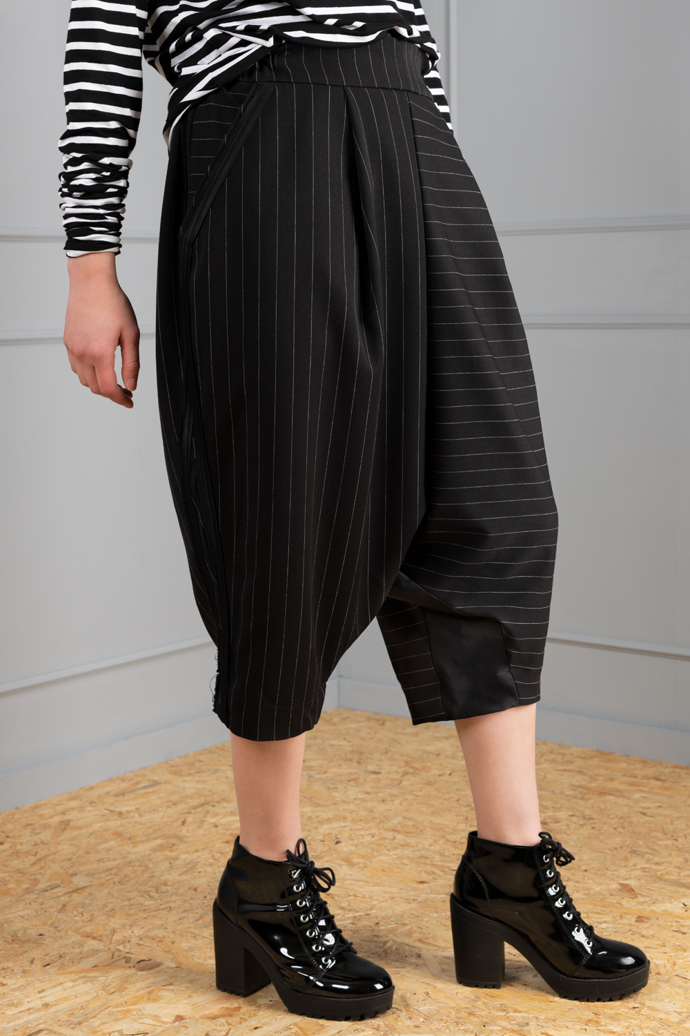 Black Pinstripe Drawstring Waist Low Rise Relaxed Pants